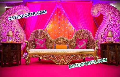 Royal Indian Wedding Stage Sofa - Treated Wood, Gold, Cushioned Leather Seats | Hand Carved, Deco Painted, Royal Look, Perfect Finish