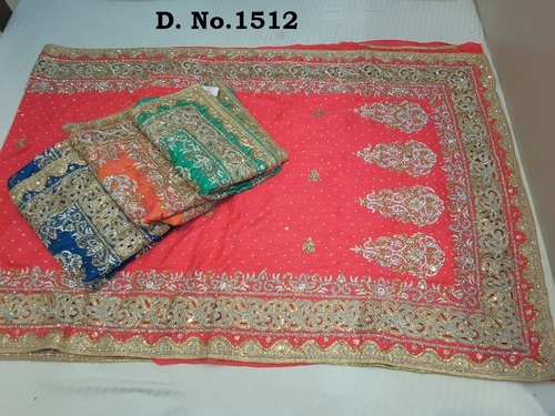 Peach Cadboury Silk Heavy Designer Saree - Customizable Size 36-42, Stunning Stone & Zari Work, Matching Blouse with Elegant Patched Border