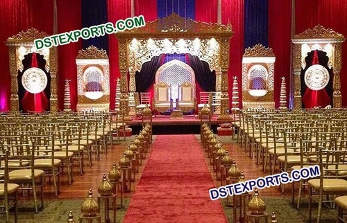 Golden Fiber Carved Wedding Mandap - Fiberglass, Gold, Variable Dimensions, LED Lighting | Weatherproof, Easy Assembly, Lightweight, Elegant Design