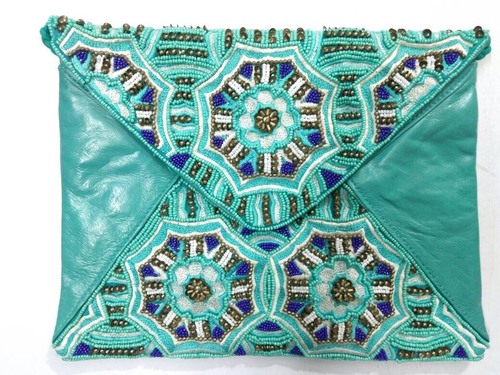 Turqoise Leather Beaded Pouch