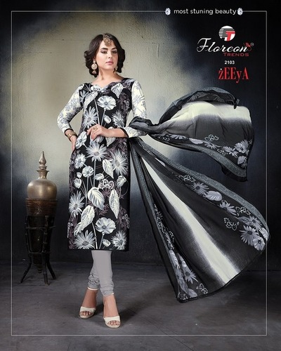 Floreon Zeeya - Cotton Printed Dress Material with Chiffon Dupatta | Features Designer Finish, Vibrant Color Choices, and Classy Look