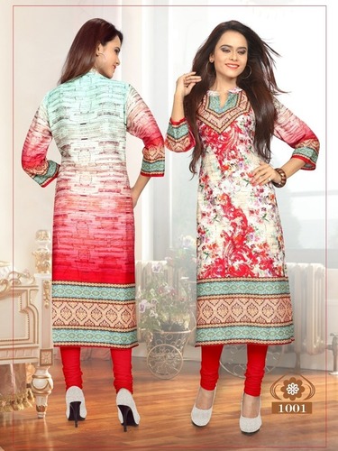 Red Cotton Satin Digital Printed Kurti