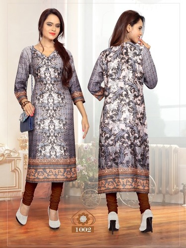Grey Cotton Satin Digital Printed Kurti