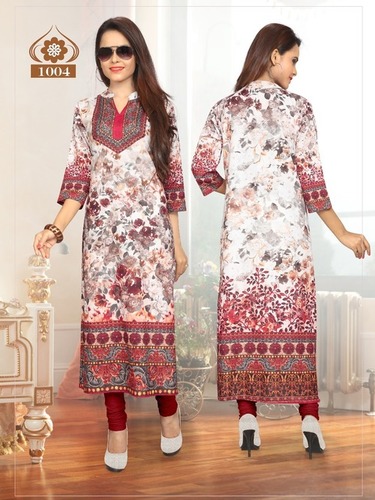 Red Cotton Satin Digital Printed Kurti