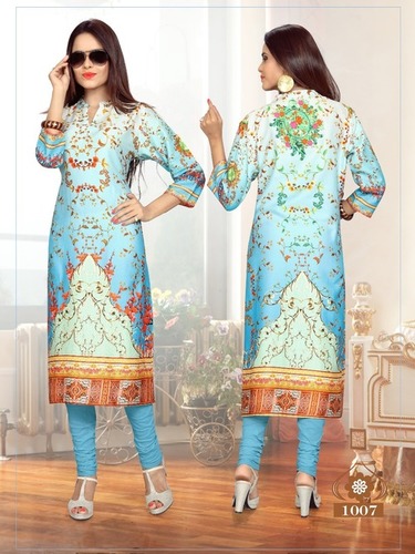 Light Blue Cotton Satin Digital Printed Kurti