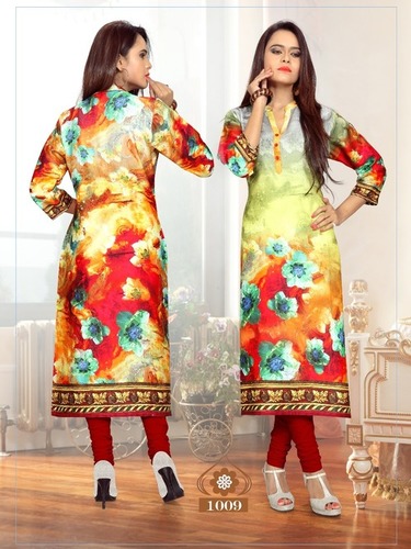 Red Cotton Satin Digital Printed Kurti