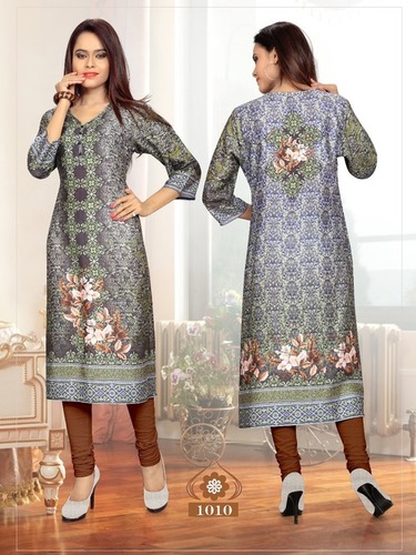 Grey Cotton Satin Digital Printed Kurti