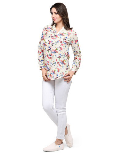 Western Top - Polyester Fabric, Sizes S-XL, Elegant Ivory White | Spread Collar, Three-Quarter Sleeves with Roll-Up Tab Feature
