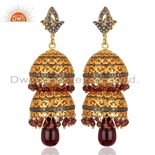 Natural Ruby Diamond Traditional Earring - 925 Sterling Silver Gold Plated, Elegant Ruby Gemstone with Diamond Accents
