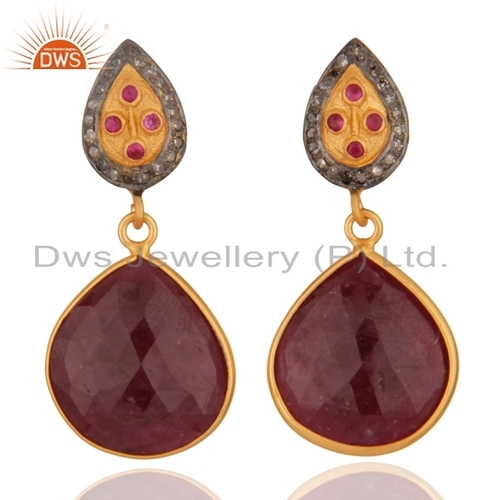 Ruby Gemstone Designer Pave Diamond Earrings - 925 Sterling Silver, Yellow Gold Plated, 15-20 Mm, Elegant Indian Wedding Jewelry