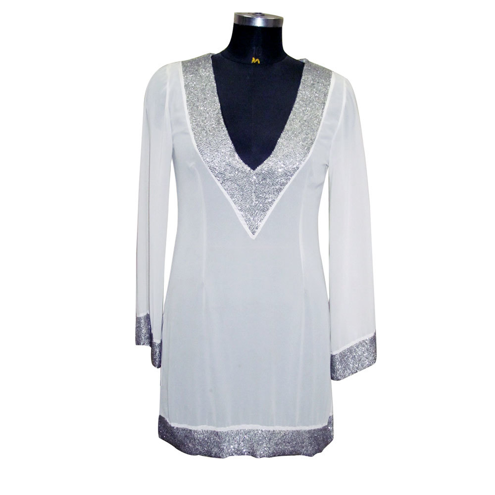 Ladies Modern Beaded Long Sleeve Kurti - Polyester, Sizes S, M, L, XL | Available in Black, White, Orange, Fuchsia, Ideal for Summer Dry Cleaning