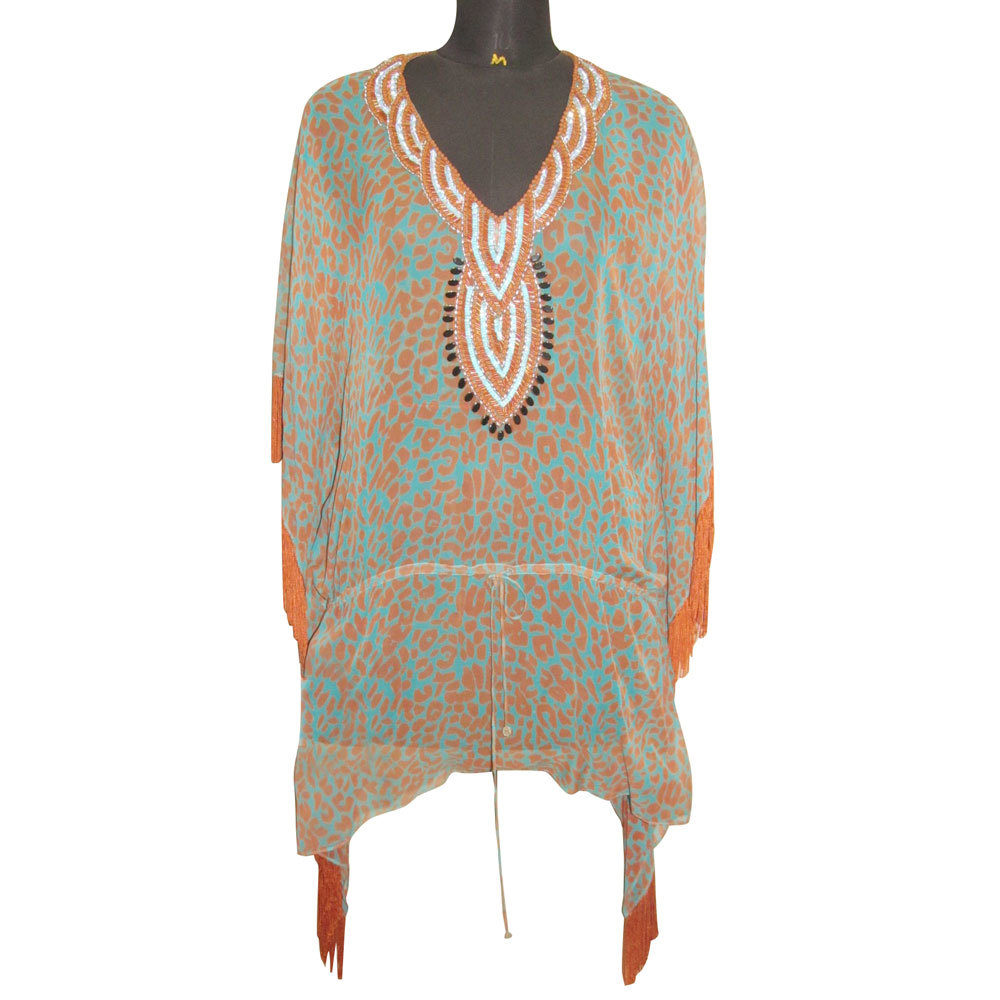 Ladies Kaftan Top - Viscose, Free Size, 90 cm Length | Trendy Printed Design with Beaded Decoration, Breathable for Summer