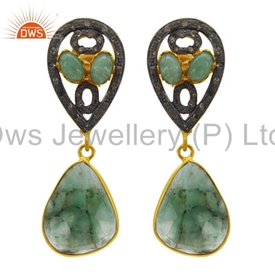 Emerald Gemstone Diamond Earrings Jewelry - Gold Plated 925 Sterling Silver, Pave Diamond Accents, Elegant Drop Style