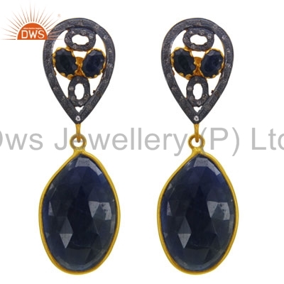 Pave Diamond Blue Sapphire Gemstone Earrings