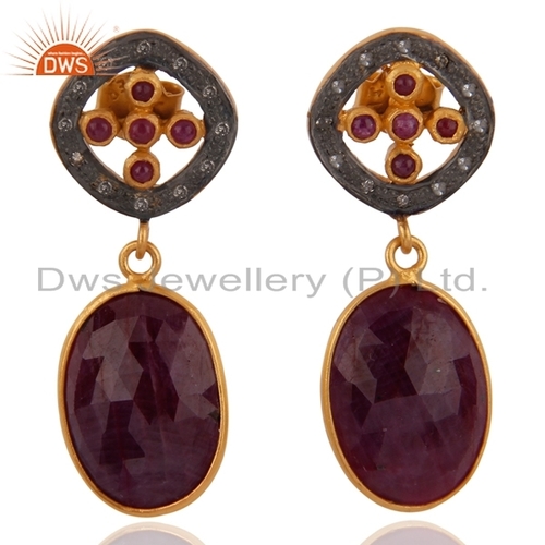 Pave Diamond Natural Ruby Gemstone Earrings