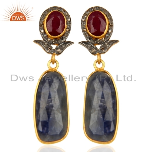 Blue Sapphire Diamond Womens Earrings Jewelry - 925 Sterling Silver, 20x10 mm, Yellow Gold Plated | Pave Set, Ruby Accents, Elegant Design