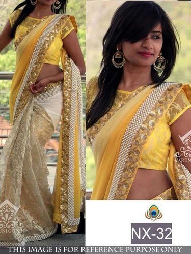 Indian Cream & Yellow Multy Work Georgette & Russal Net Half And Half Bollywood Designer Saree