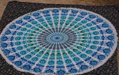 Mandala Beach Throws - 100% Cotton, 72'' Round Size, White and Blue | Eco-Friendly, Quick Dry, Soft Touch Beach Towel