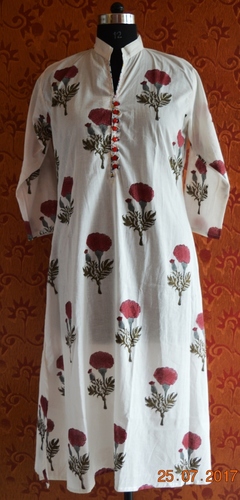 White Hand Block Printed Cotton Floral Kurta