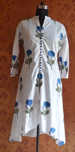 White Hand Block Printed Cotton Floral Kurta