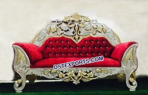 Wedding Designer Carved Red Sofa - Treated Wood, Brass with Gold & Silver Plating, Attractive Fabric Upholstery, Elegant Design, Royal Look, Hand-Carved