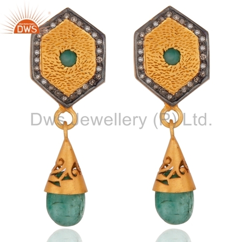 New Arrival Gemstone Diamond Earring Jewelry - Gold Plated 925 Sterling Silver, Emerald Gemstone Hexagon Drop Earrings, Wedding Elegant Design