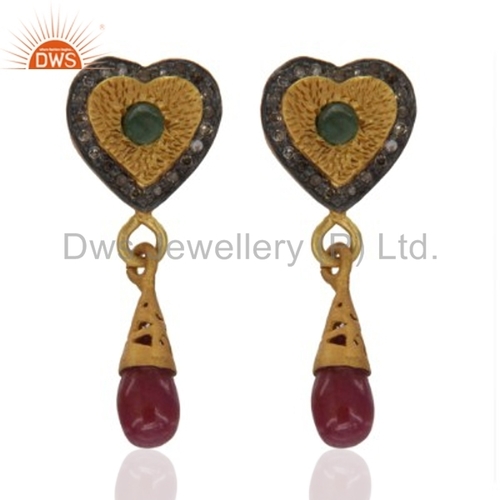 Indian Gemstone Diamond Heart Earrings - 925 Sterling Silver Gold Plated, Emerald Ruby Diamond Accents