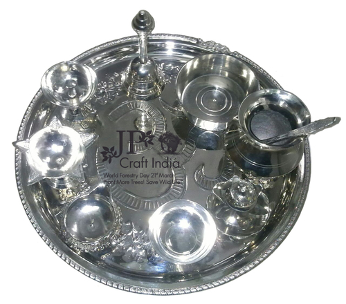 Pooja Thali - Brass Metal, Rounded Shape, Silver Plated Finish | Customizable Size & Colors, Ideal for Anniversary, Engagement, Gift, Wedding