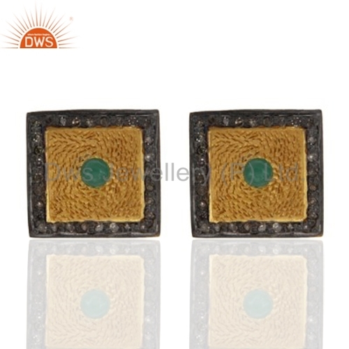 Emerald Gemstone Diamond Earrings - 925 Sterling Silver Gold Plated, Pave Setting, Square Shape, Elegant Design