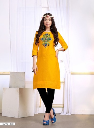 Cotton Designer Kurti By Ishaani Lifestyle Ruhi - Yellow, Knee-Length, 3/4 Sleeves | Stylish, Soft, Comfortable, Durable, Vibrant Colors