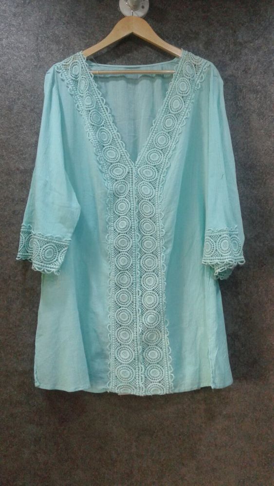 Embroidered Ladies Top - Cotton, Large, Aqua | Floral Embroidery, Elegant Design, Comfortable Fit