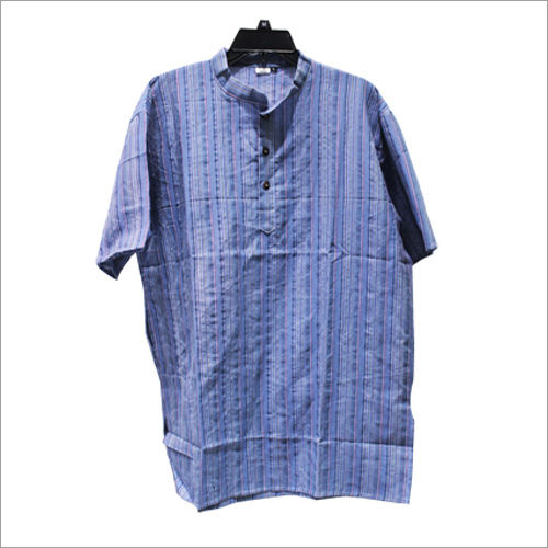 Blue Half Sleeves 100% Cotton Stripes Mens Kurta