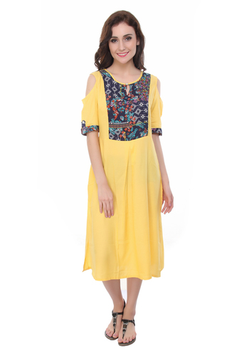 Rayon Yellow Cold Shoulder Blue Yoke Kurti