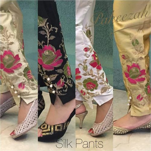 Embroidery Cigarette Pants - Raw Silk, 34 Length (40 Inches) | Multi-Color, Anti-Wrinkle, Breathable, Washable