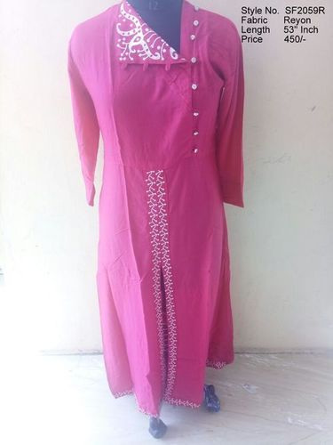 Jaipuri Kurtis - Rayon Fabric, Length: 1346.2 mm, Color: Pink | Trendy 3-4th Sleeve, Sizes: M, L, XL, XXL, Perfect for Casual, Ethnic, Party Wear in Spring & Summer