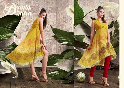 Designer Printed Kurti - Rayon, Sizes M, L, Xl, Xxl, Yellow | Quick Dry, Washable, Sleeveless, Trendy Party Wear For Girls