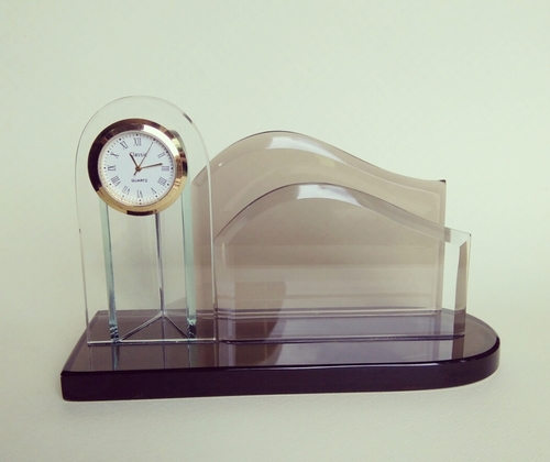 Desktop Time Piece - Glass, 6.5 Inch, Brown, Multi-Utility Corporate Gift, Customised Logo, Bevelled Surfaces, Flawless Finishing