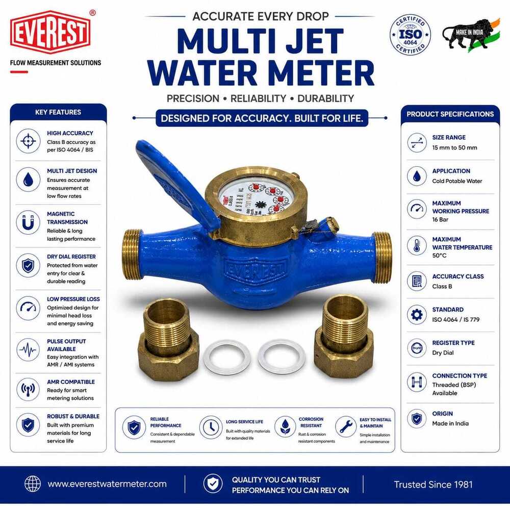 Everest Multi Jet Water Meter Class B Dn40 - Material: Brass