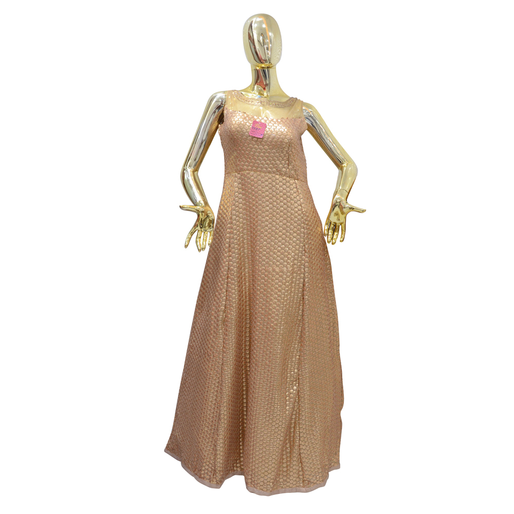 Ladies Party Wear Gown - Silk Material, Golden Color, Sleeveless Design | Intricate Embroidery, Eye-Catchy Patterns, Long Lasting Sheen