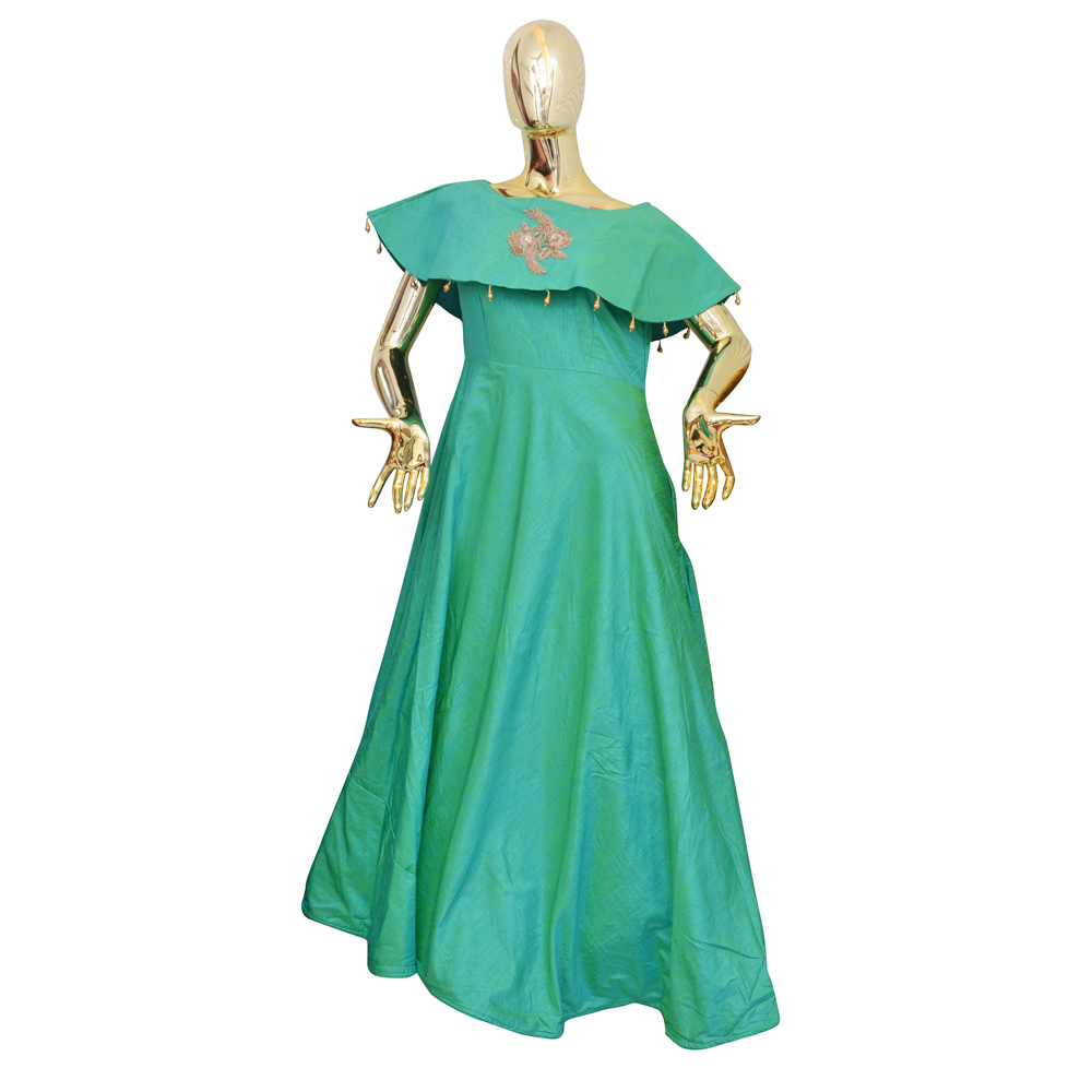 Ladies Gown - Silk Material, Sea Green Color , Traditional Embroidered Design with Short Sleeves