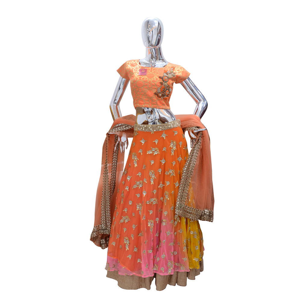 Ladies Designer Lehenga - Georgette Fabric, Short Sleeves , Eye-Catchy Design with Intricate Patterns and Skin-Friendly Nature
