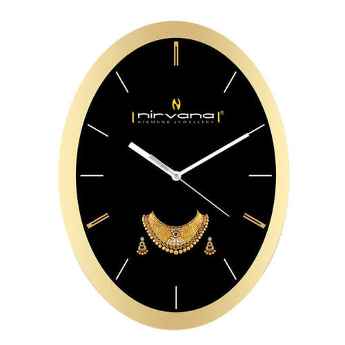 Promotional Wall Clock - Plastic 9.75"x12.75" Oval Shape Golden/Silver/Wooden Finish | Customizable Design 18-Month Warranty Unisex Appeal