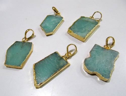 2 Pcs Set-Natural Amazonite Slice Pendant Free Form Connector Charm With 24kt Gold Electroplated Edge Single Loop 1 inch approximately