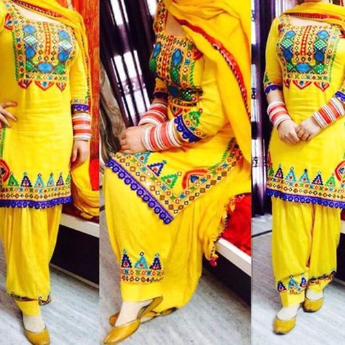 Cotton yellow work patiyala suits