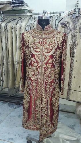 Embroidered Sherwani - Silk Blend, 48 Inches Length, Slim Fit, Burgundy Color, Gold Thread Embroidery | Elegant Design, Intricate Embroidery, Stunning Style, Wedding Ready