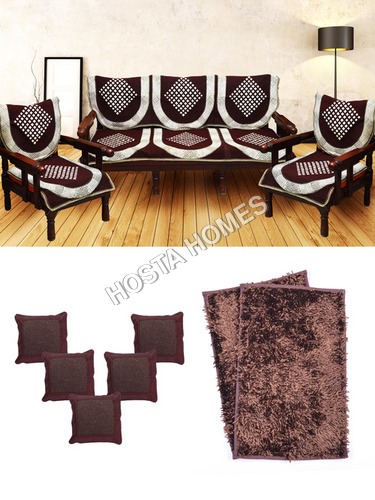 Abstract Poly Cotton Sofa Cover 6 Pieces :: 5 Cushion Covers Brown Color :: 2 Reversible Mat