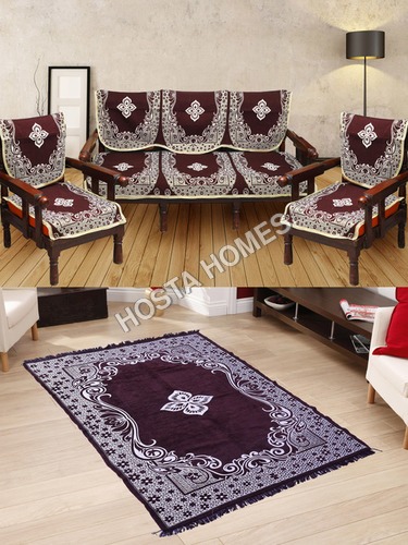 Center Floral Brown Color Sofa Cover :: Velvet Quilted Center Floral Carpet