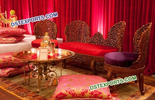 Asian Wedding Sofa Set - Polished Wood, 2-4 Seater, Red | Elegant Design, Intricate Carving, Antique Style, Comfortable Seating