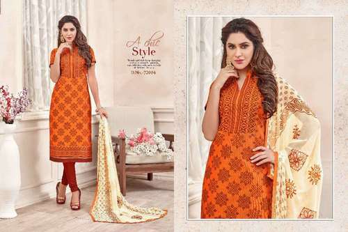 Orange Cotton Printed Dress Material