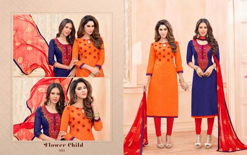 Blue & Orange Designer Cotton Dress Material